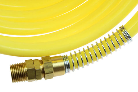 Close-up of yellow N12-50B Coiled Nylon Air Hose, Half Inch ID, Fifty Foot Length, with brass swivel fittings, heavy duty