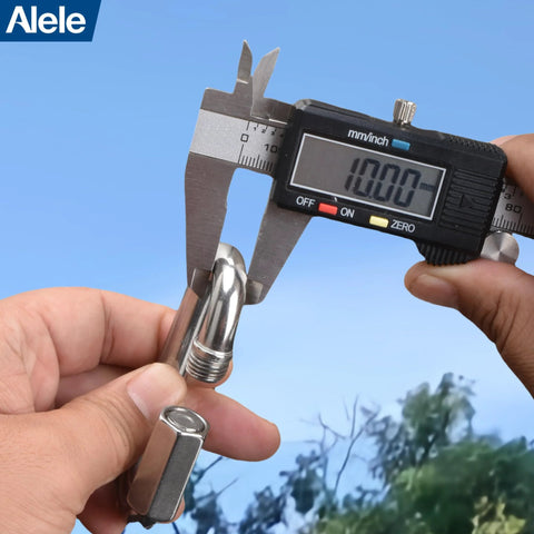 Measuring Alele 10Mm Stainless Steel 3 By 8 Inch Quick Link with caliper, showcasing heavy-duty chain connector for camping gear.