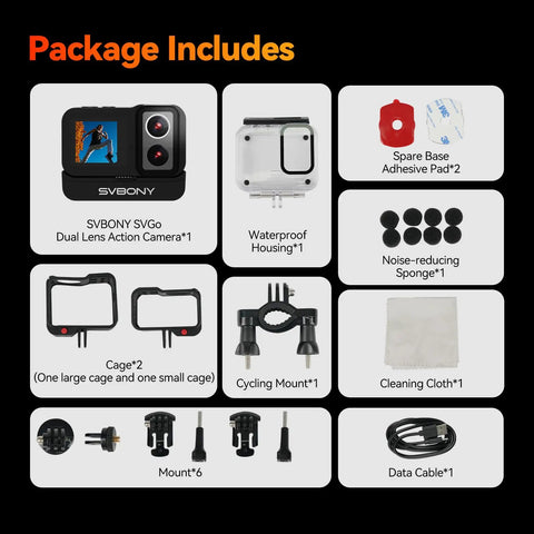 Package includes items for Dope Dual Lens 4K Action Cam With 20MP Photos 6 Axis EIS Stabilization 8X Zoom Dual IPS Screens