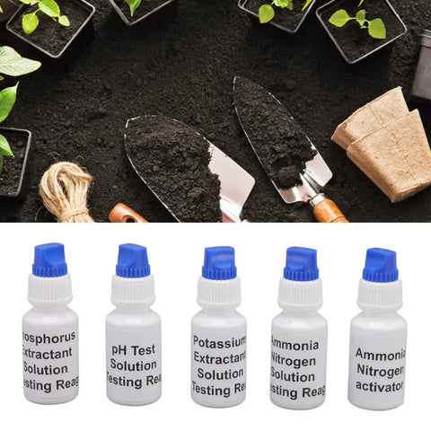 Liquid Soil Test Kit For Real Time NPK And PH Readings With Color Reference Chart And Tailored Recommendations For Your Soil To Grow The Best Lawn And Garden Home Yard Care Made Easy No Guesswork, showing test solution bottles and gardening tools.