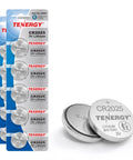 Straight Up Reliable CR2025 3V Lithium Button Batteries 10 Pack Heavy Duty Coin Cells stacked in packaging and loose coin cell.