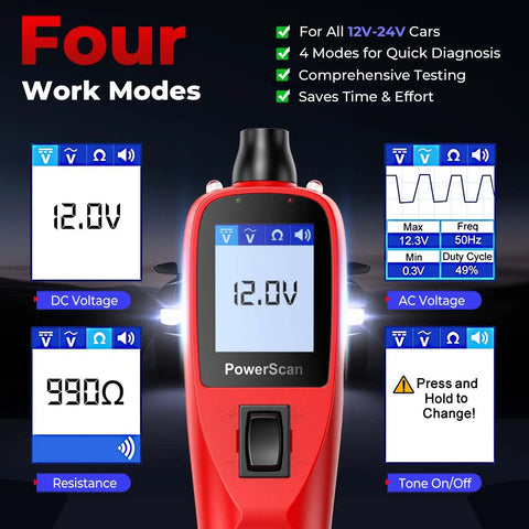 12-24V Car Circuit Tester Kit With Power Probe, Short and Open Finder, All in One Auto Electrical Diagnostic Tool for Voltage, Polarity, Continuity, Signal Circuit Diagnosis, Component Activation, and Bad Ground Checks, shown with four work modes