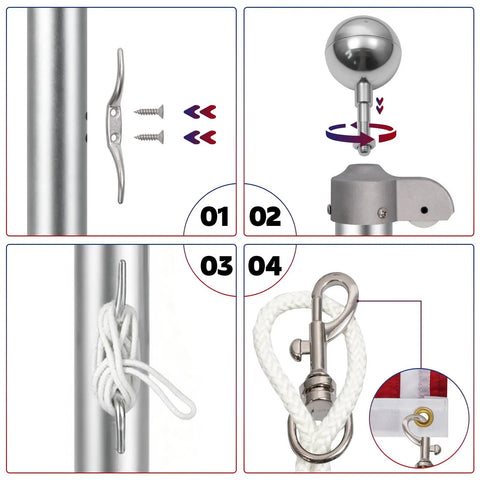 Flag Pole Replacement Kit With Pulley And Rope No Fuss Easy Install 50 Ft Halyard Rope Silver Ball Topper 4 Flag Pole Clips