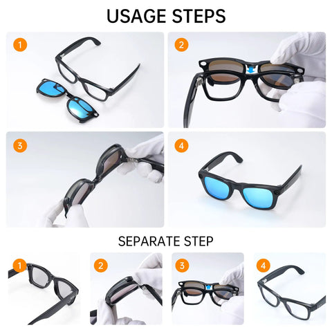 Polarized Clip On For Ray Ban Meta Wayfarer Gen 1 RW4008 And Gen 2 RW4012 Large Smart Glasses usage steps with clip-on application