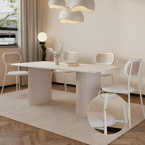 Modern dining room with white table and chairs, featuring close-up of 580 Piece Self Adhesive Screw Hole Stickers Set For Wooden Furniture And Cabinets, PVC Cover Caps Dustproof, 12mm 15mm 21mm, White, 6 Sheets, Easy Install For A Clean, Seamless Look applied to chair legs.