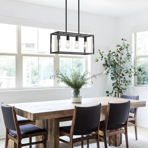 Black Farmhouse 4 Light Dining Room Chandelier With Rectangular Pendant Lights For Kitchen Island Modern Dope Adjustable Height Metal Lighting Fixture E26 Base