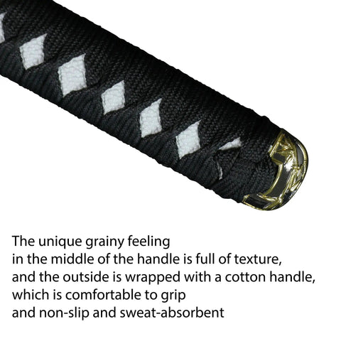 Detail of silk-wrapped grip with gold accents from Three Piece Iaido Katana Display Set With Bamboo Leaf Hilt And Gold Accents Dope Silk Wrapped Grips Premium 1045 Carbon Steel Blades For Collectors Home Decor And Martial Arts Fans.