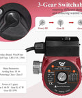 Heavy Duty 304 Stainless Steel Hot Water Recirculating Pump With Three Speed Settings And Full Copper Coil showing 3-gear switch and specifications.