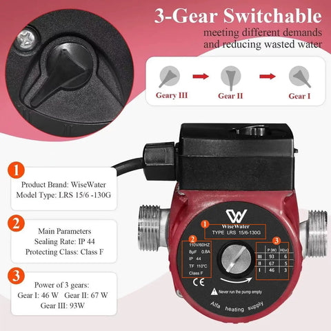 Heavy Duty 304 Stainless Steel Hot Water Recirculating Pump With Three Speed Settings And Full Copper Coil showing 3-gear switch and specifications.