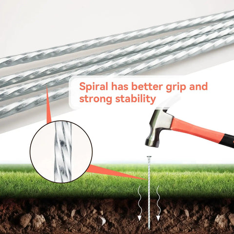 Heavy Duty Spiral Landscape Spikes 8 Inch Galvanized Garden Stakes shown with hammer for securing turf