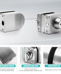Hella Secure Stainless Steel Glass Door Lock With Double Bolt Build And Sleek Push Slider Mechanism For Eight To Twelve Millimeter Frames Quick Office Install Arrives With Three Sturdy Keys For Ultimate Peace, showcasing polished locks from various angles.