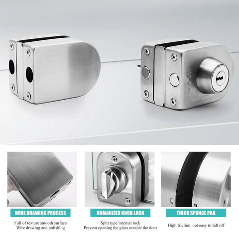 Hella Secure Stainless Steel Glass Door Lock With Double Bolt Build And Sleek Push Slider Mechanism For Eight To Twelve Millimeter Frames Quick Office Install Arrives With Three Sturdy Keys For Ultimate Peace, showcasing polished locks from various angles.