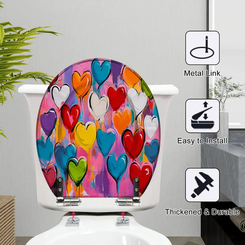 Colorful design of Generic Round Resin Toilet Seat for Bathroom featuring multicolored hearts, easy to install, thickened and durable.