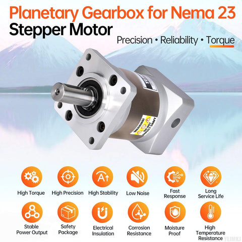 50 To 1 Planetary Gearbox For Nema 23 Stepper Motors With Low Backlash 20 Arcmin 8mm Input Shaft displayed with icons