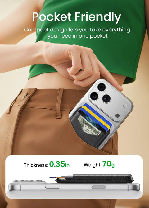 Person placing MagSafe Wallet For iPhone 12 Through 17 Series Not For Mini into pocket, showing slim design and card capacity.