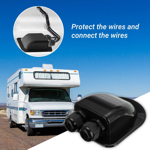 RV with mounted Solar Cable Entry Gland And Dual Connector Cover For Roof Mounted PV Systems, Waterproof ABS Housing visible.