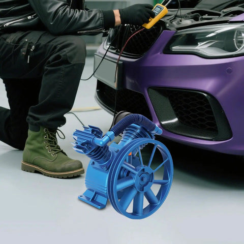 Heavy Duty 2 Cylinder Air Compressor Pump Head With Flywheel. 4KW High Pressure Electric Air Pump Built For Durability And Efficiency. Ideal For Automotive Repair, Pneumatic Tools, And Industrial Applications. Cast Iron Construction Provides Long Lasting