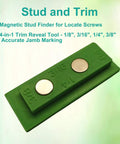 No Fuss 4 In 1 Trim Reveal Tool For Spot On Door Jamb Cut Marks And Heavy Duty Magnetic Stud Finder with measurement slots and green design