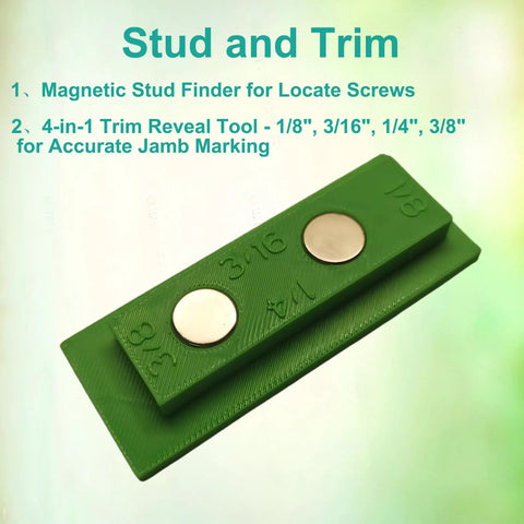 No Fuss 4 In 1 Trim Reveal Tool For Spot On Door Jamb Cut Marks And Heavy Duty Magnetic Stud Finder with measurement slots and green design
