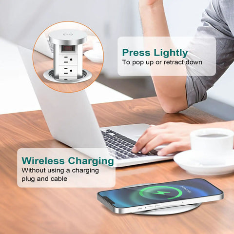 Pop Up Power Outlet With Wireless Charging Station in use on a desk, showing wireless phone charging and pop-up feature.