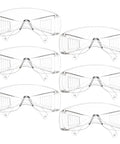 Six Pair Safety Glasses With Ventilated Louvered Frames And Wraparound Side Shields For Lab Projects And Shop Work Impact Resistive Clear Lenses arranged in a row.