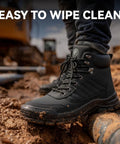 Steel Toe Work Boots For Men And Women Slip Resistant Puncture Proof Safety Shoes Lightweight Comfort For All Day Wear ASTM F2413 18 Certified Durable Microfiber Upper Rugged Job Site Boots on muddy site