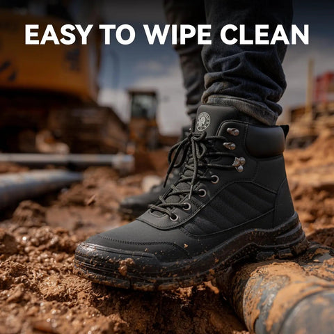 Steel Toe Work Boots For Men And Women Slip Resistant Puncture Proof Safety Shoes Lightweight Comfort For All Day Wear ASTM F2413 18 Certified Durable Microfiber Upper Rugged Job Site Boots on muddy site