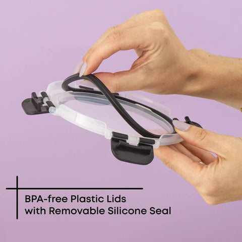 Hands holding BPA-free lid with silicone seal for 24Pc Borosilicate Glass Storage Containers With Lids For Meal Prep And Lunch.