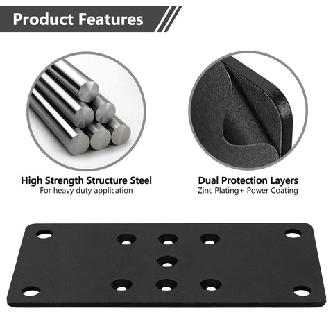 Image of a Two Pack 4x4 Post Anchor Plates For Decks, Wood Fences, Mailboxes And Posts, Heavy Duty Structural Steel Post Bases With Predrilled Holes For Easy Concrete Install, showing product features such as high strength steel and dual protection layers.