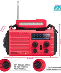 NOAA Weather Radio With Battery Backup And Solar Hand Crank, Portable AM FM Shortwave Receiver, red color, front view.