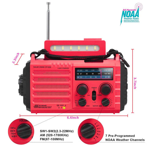 NOAA Weather Radio With Battery Backup And Solar Hand Crank, Portable AM FM Shortwave Receiver, red color, front view.