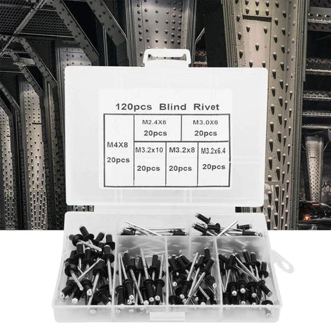 Aluminum Blind Rivet Kit Assorted Sizes 120 Pieces in M2.4x6 and M4x8 with open box image on metal structure background