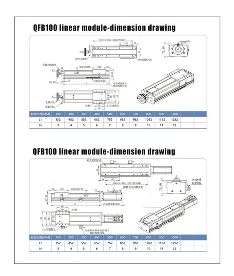 QFB100 linear module dimension drawing showcasing specifications for Premium Cross Linear Electric Slide Stage With Double Guide Rail Actuator.