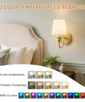 No Fuss Wall Sconces Set Of Two In Shiny Gold With Massive 10000 Mah Rechargeable Battery And Smart Remote For Dope Rgb Atmosphere Lighting Perfect For Renter Friendly Home Vibes in a modern bedroom setting.
