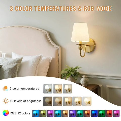 No Fuss Wall Sconces Set Of Two In Shiny Gold With Massive 10000 Mah Rechargeable Battery And Smart Remote For Dope Rgb Atmosphere Lighting Perfect For Renter Friendly Home Vibes in a modern bedroom setting.