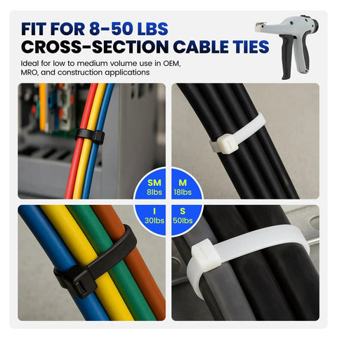 Ergonomic Cable Tie Gun For Heavy Duty Zip Ties Featuring Adjustable Tension Control and precision flush cut for cable management.