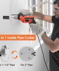 Person using 2-In-1 Internal Pipe Cutter For 1.5 In And 2 In PVC Pipes, Aluminum Alloy Construction, drill powered, on wall.
