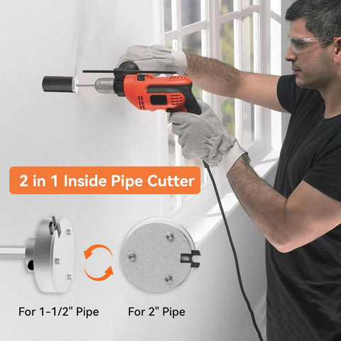 Person using 2-In-1 Internal Pipe Cutter For 1.5 In And 2 In PVC Pipes, Aluminum Alloy Construction, drill powered, on wall.
