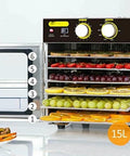 Straight Up Heavy Duty Stainless Steel Food Dehydrator Six Layer Trays For Crunchy Dried Fruit Savory Jerky And Seasoned Snacks With Easy Dial Timer, displaying stacked layers of fruits.