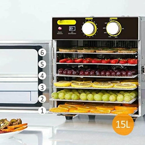 Straight Up Heavy Duty Stainless Steel Food Dehydrator Six Layer Trays For Crunchy Dried Fruit Savory Jerky And Seasoned Snacks With Easy Dial Timer, displaying stacked layers of fruits.