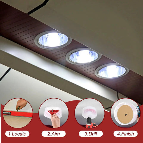 Installation steps with All In One Pro Grade Recessed Lighting Hole Saw Kit With 4 Inch And 6 Inch Cutters, Dust Bowl Catcher, Arbors