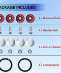 Universal Bumper Quick Release Fastener Kit For Front And Rear Bumpers, Trunk And Luggage Compartment Clips, Fenders And Car Parts, Red Quick Release Bumper Clips package with fasteners, bolts, washers, and O-rings.
