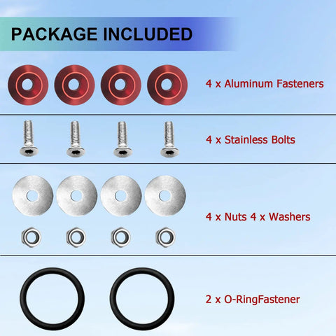 Universal Bumper Quick Release Fastener Kit For Front And Rear Bumpers, Trunk And Luggage Compartment Clips, Fenders And Car Parts, Red Quick Release Bumper Clips package with fasteners, bolts, washers, and O-rings.