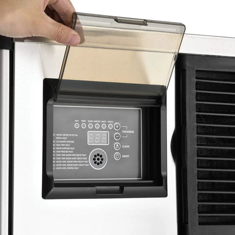Close-up of the touch panel on the Heavy Duty Modular Ice Maker With 275 Pound Storage Bin delivering 500 Pounds daily.