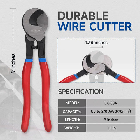 Pro Grade Heavy Duty Cable Cutter And 9 Inch Wire Snips Slice Through Copper Or Aluminum Up To 2/0 Awg With High Density Steel Beveled Blades Built Tight For Electricians Who Need A Beefy Reliable Power Tool.