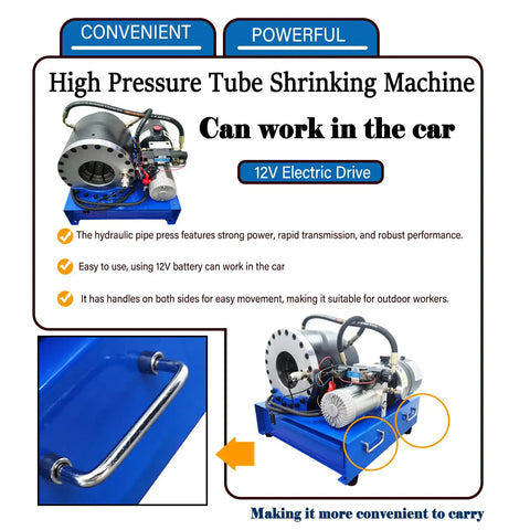 Knocks Out Transmission And Brake Repairs Like A Boss Using This Portable 12V Electric Hydraulic Hose Crimping Tool With Ten Heavy Duty Dies For One Quarter To Two Inch Auto Lines, blue high pressure tube shrinking machine with 12V motor.