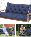 Extra Thick 5 Inch Waterproof Porch Swing Cushions For 60 Inch Three Seater Outdoor Swing With Backrest Ties Navy Blue Fade Resistant Outdoor Patio Bench Cushions installed on wooden swing and bench