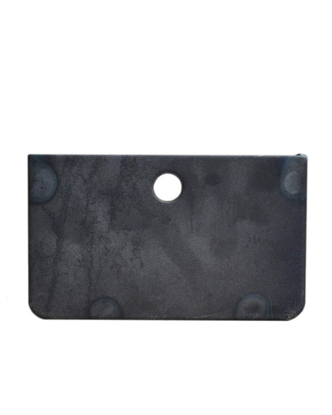 Black metal mounting plate for 4-inch V-groove caster; central hole and rounded bottom corners
