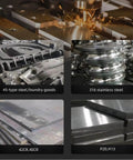 CNC machining of various steels, including 316 stainless steel, 45-type steel, 42CR, 40CR, P20, and H13, with sparks visible.