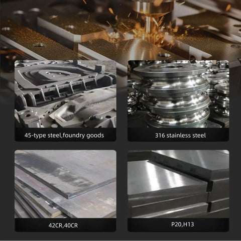 CNC machining of various steels, including 316 stainless steel, 45-type steel, 42CR, 40CR, P20, and H13, with sparks visible.